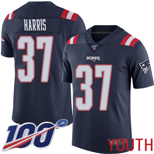 New England Patriots Football #37 100th Season Rush Limited Navy Blue Youth Damien Harris NFL Jersey